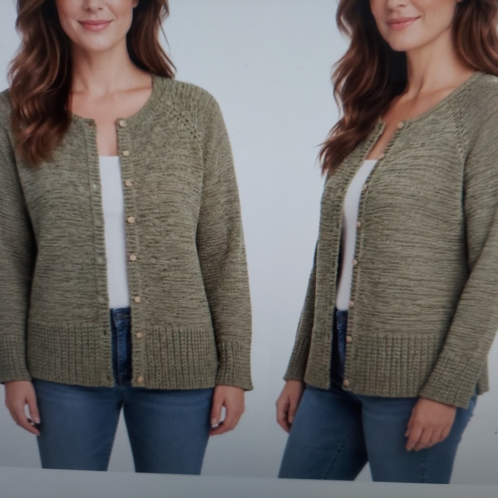 Coldwater Creek Women Cotton Cardigan L Green Gorpcore Button Front Knit Sweater